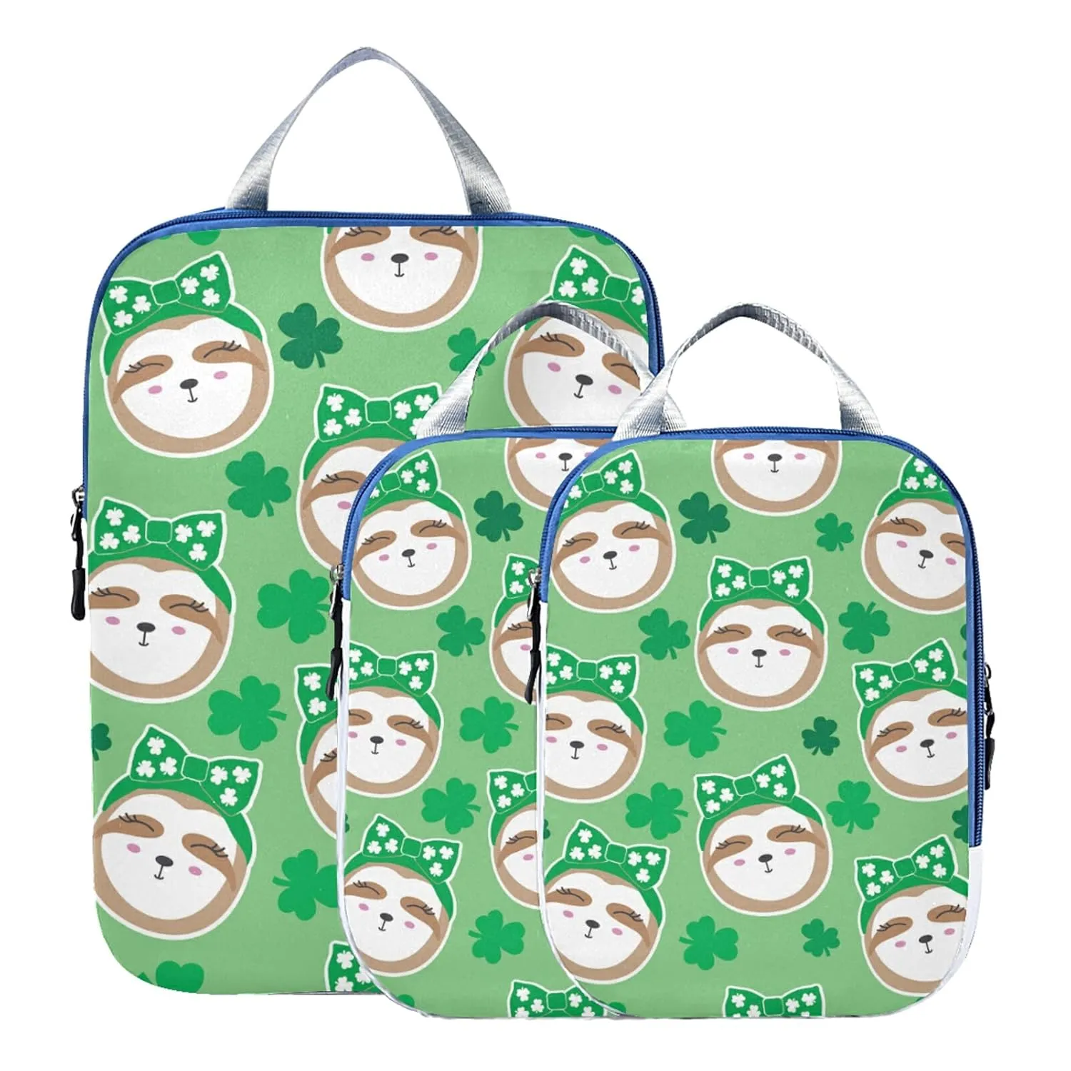 Irish Sloth Seamless Shamrock Clovers Lucky Leaves Saint Patrick 3 Piece set Cubes Expandable Adjustable Luggage Packing Bags, Ultralight Organizer Accessories Travel Suitcase Compressible Bags