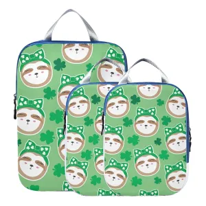 Irish Sloth Seamless Shamrock Clovers Lucky Leaves Saint Patrick 3 Piece set Cubes Expandable Adjustable Luggage Packing Bags, Ultralight Organizer Accessories Travel Suitcase Compressible Bags