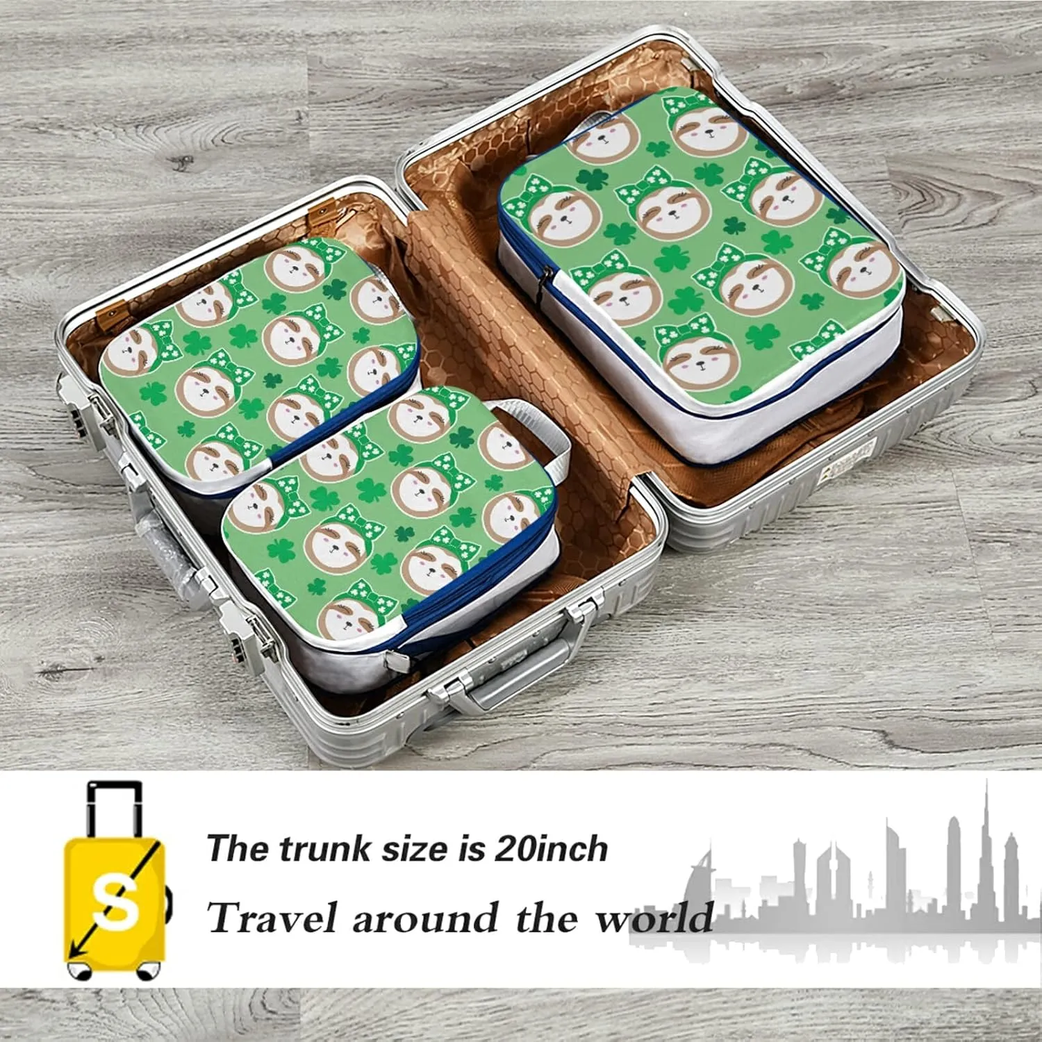 Irish Sloth Seamless Shamrock Clovers Lucky Leaves Saint Patrick 3 Piece set Cubes Expandable Adjustable Luggage Packing Bags, Ultralight Organizer Accessories Travel Suitcase Compressible Bags