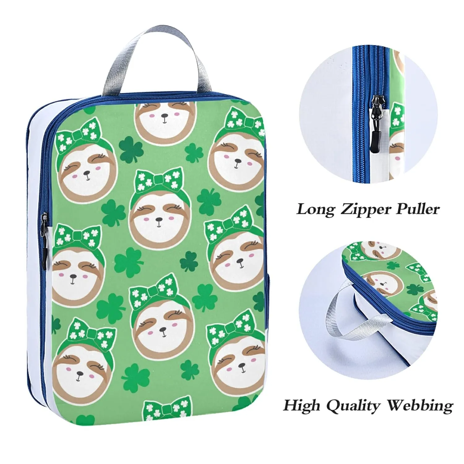 Irish Sloth Seamless Shamrock Clovers Lucky Leaves Saint Patrick 3 Piece set Cubes Expandable Adjustable Luggage Packing Bags, Ultralight Organizer Accessories Travel Suitcase Compressible Bags