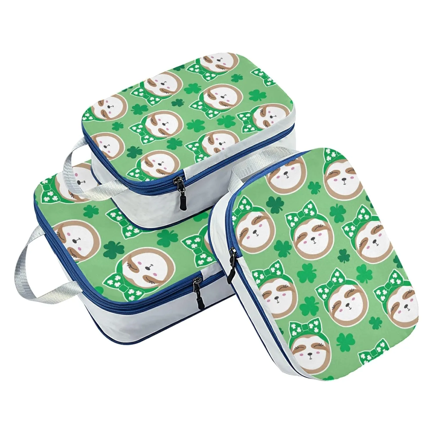 Irish Sloth Seamless Shamrock Clovers Lucky Leaves Saint Patrick 3 Piece set Cubes Expandable Adjustable Luggage Packing Bags, Ultralight Organizer Accessories Travel Suitcase Compressible Bags