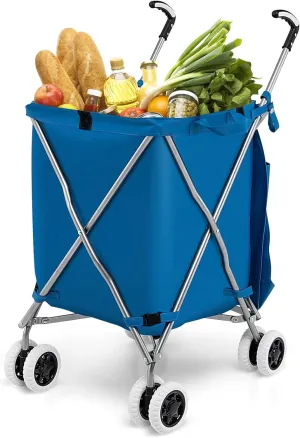 IRONMAX Shopping Cart with Wheels, 90L/120 LBS Lightweight Folding Utility Cart with Dual Swivel Wheels & Protective Cover, Rolling Grocery Cart for Shopping Groceries Laundry (Blue)