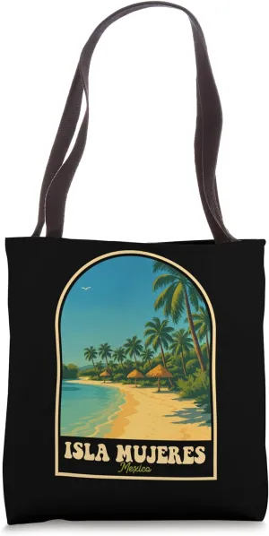 Isla Mujeres Mexico Vintage Design Palm Tree Beach Scene Tote Bag