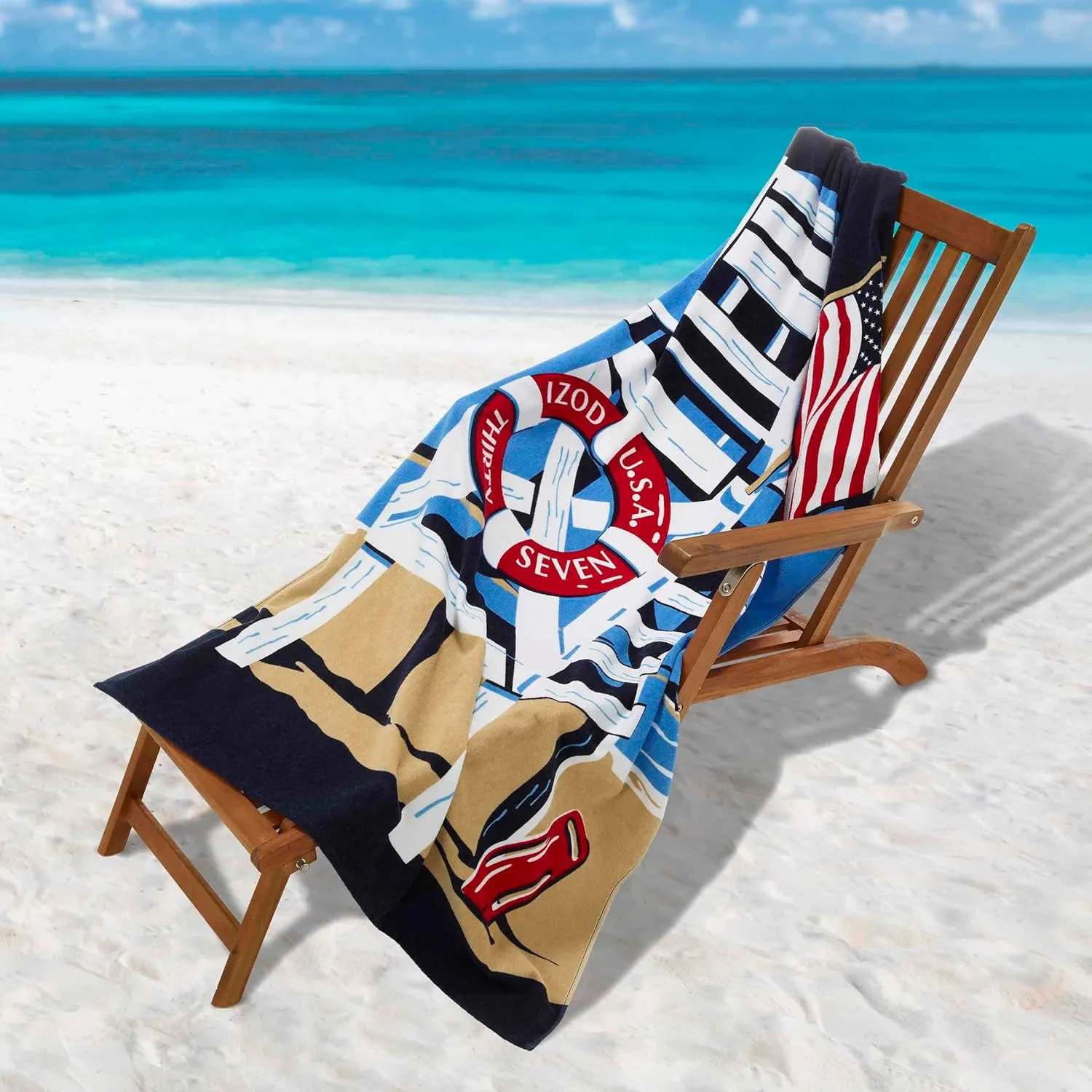 IZOD - Beach Towel, Soft & Absorbent Cotton Sheared Velour, Printed Beach Accessories, Dorm Room Essentials (Lifeguard Chair Collection, 40" x 70")