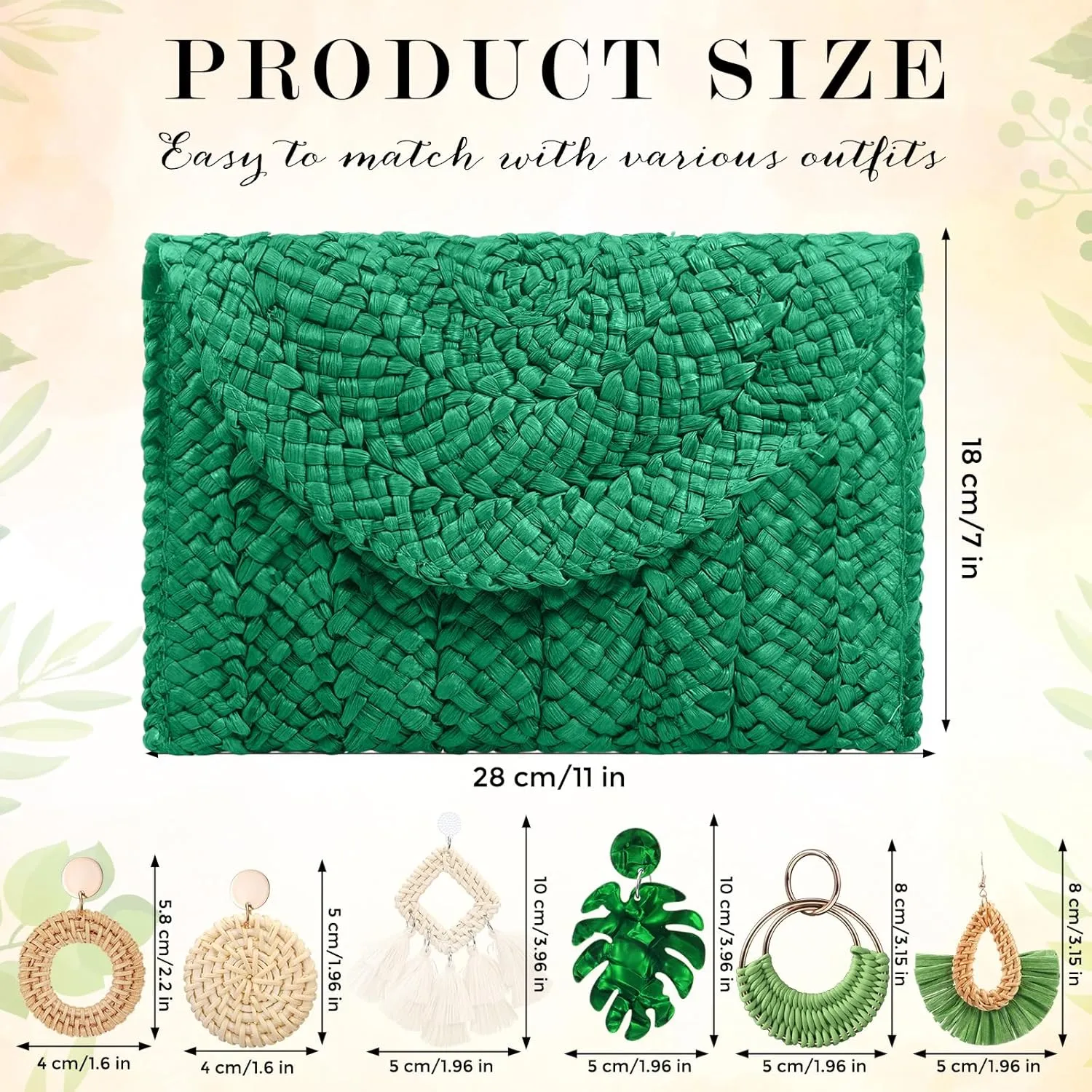 JaGely Women's Straw Clutch Purses and 6 Pairs Rattan Earrings Summer Beach Clutch Handbag Envelope Woven Bag Boho Earrings