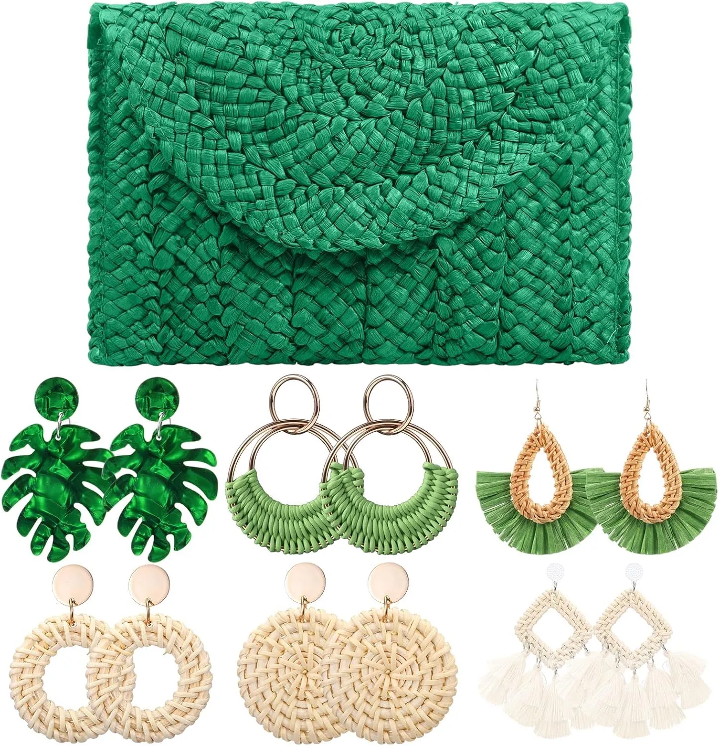 JaGely Women's Straw Clutch Purses and 6 Pairs Rattan Earrings Summer Beach Clutch Handbag Envelope Woven Bag Boho Earrings