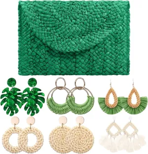 JaGely Women's Straw Clutch Purses and 6 Pairs Rattan Earrings Summer Beach Clutch Handbag Envelope Woven Bag Boho Earrings