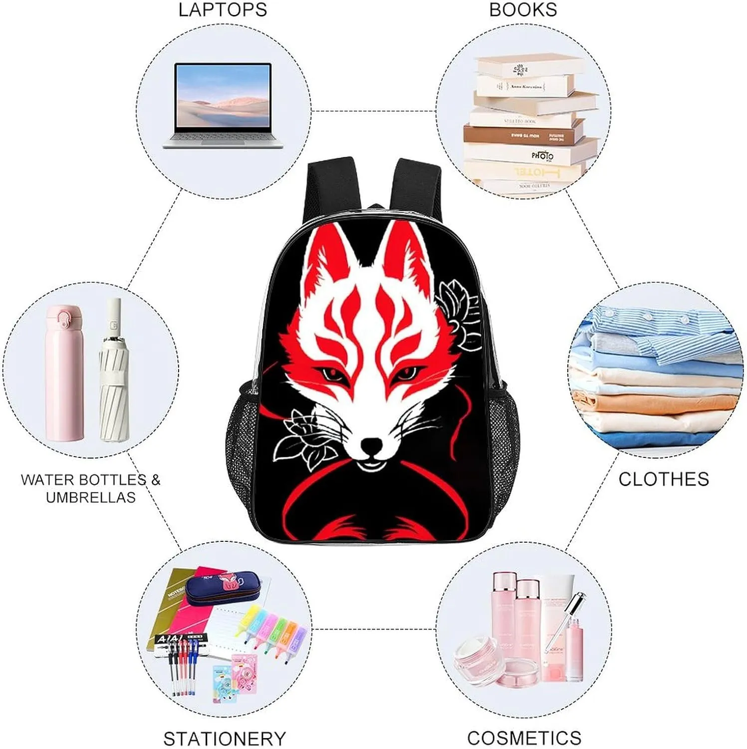 Japanese Kitsune Mask Art Daypack Transparent Anti-Theft Multipurpose Bookbag Big Capacity Gym Outdoor Hiking Backpack With Adjustable Shoulder Straps