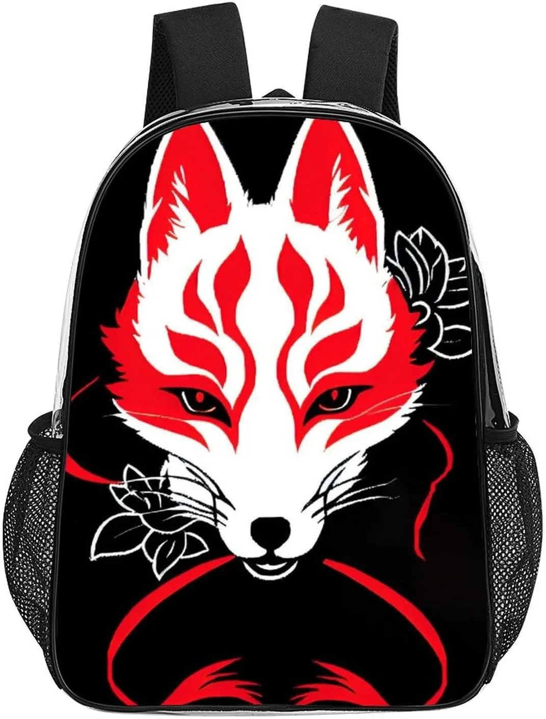 Japanese Kitsune Mask Art Daypack Transparent Anti-Theft Multipurpose Bookbag Big Capacity Gym Outdoor Hiking Backpack With Adjustable Shoulder Straps