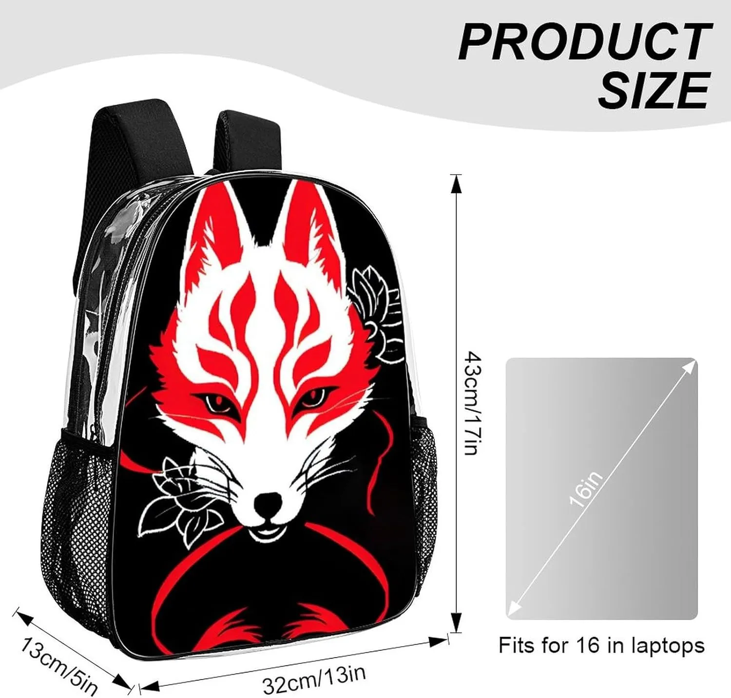 Japanese Kitsune Mask Art Daypack Transparent Anti-Theft Multipurpose Bookbag Big Capacity Gym Outdoor Hiking Backpack With Adjustable Shoulder Straps