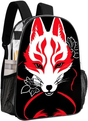 Japanese Kitsune Mask Art Daypack Transparent Anti-Theft Multipurpose Bookbag Big Capacity Gym Outdoor Hiking Backpack With Adjustable Shoulder Straps