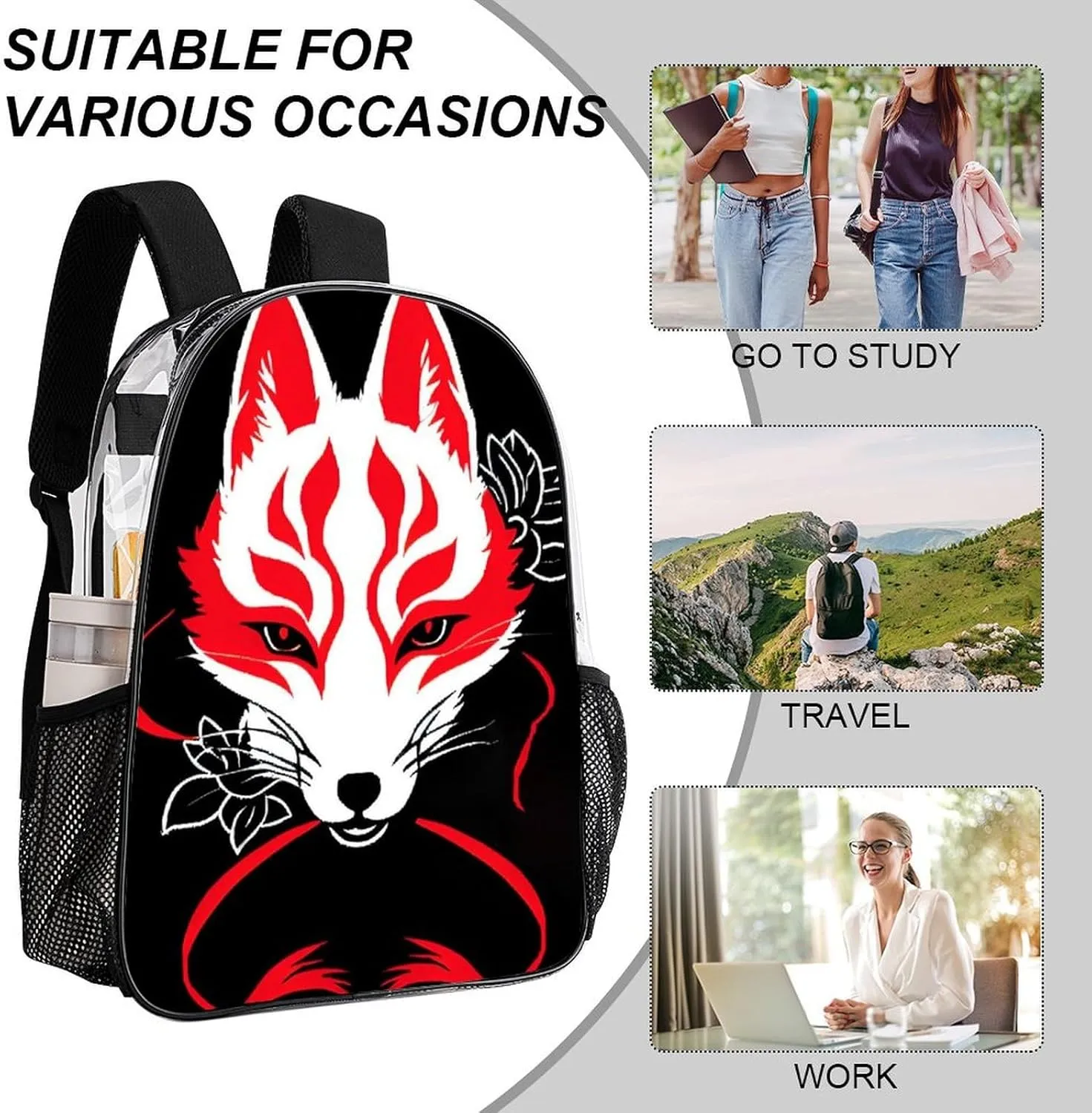Japanese Kitsune Mask Art Daypack Transparent Anti-Theft Multipurpose Bookbag Big Capacity Gym Outdoor Hiking Backpack With Adjustable Shoulder Straps