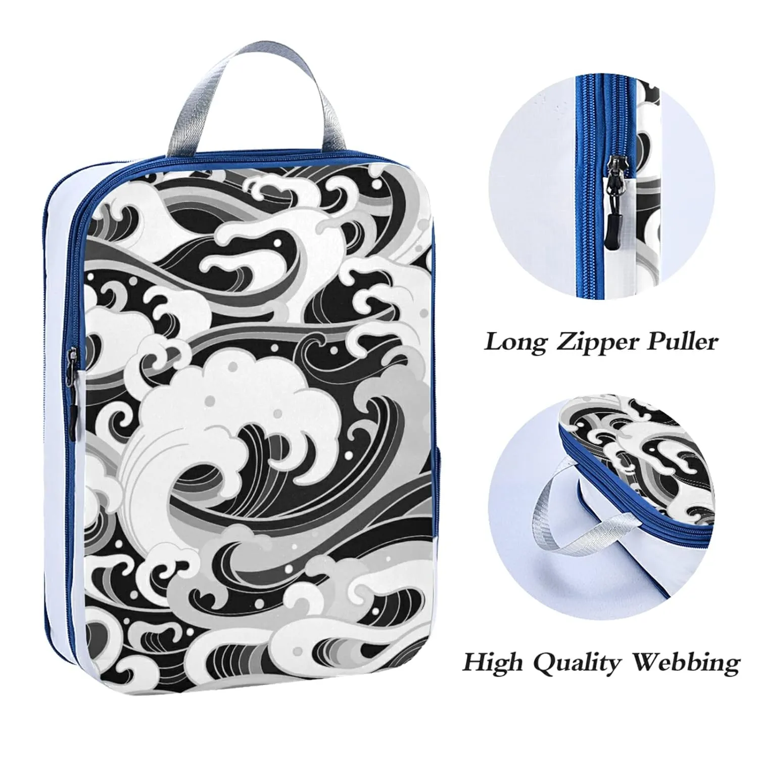 Japanese Traditional Oriental Black White Sea Waves, Foam, Splashes 3 Piece set Cubes Expandable Adjustable Luggage Packing Bags, Ultralight Organizer Accessories Travel Suitcase Compressible Bags