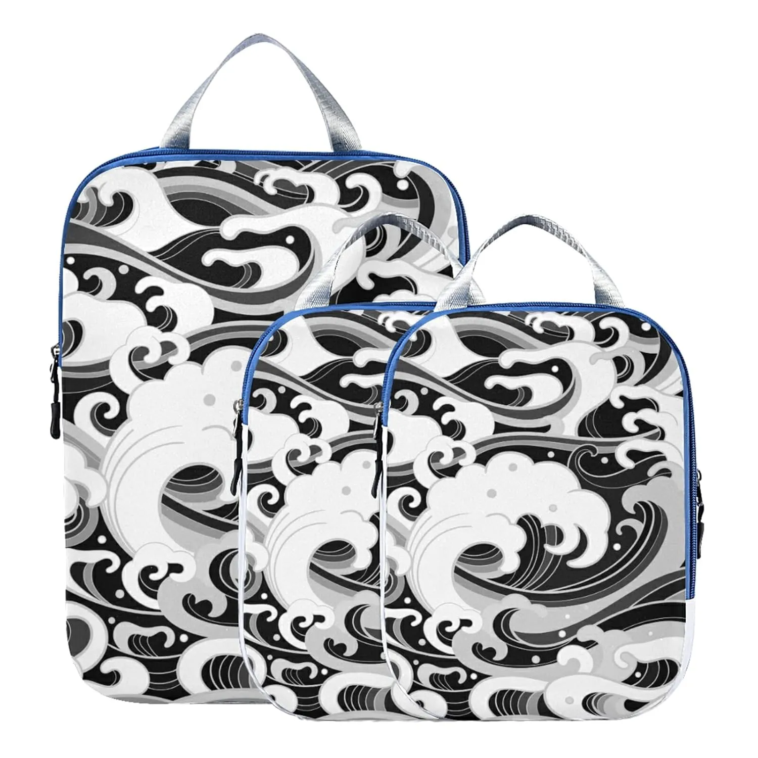 Japanese Traditional Oriental Black White Sea Waves, Foam, Splashes 3 Piece set Cubes Expandable Adjustable Luggage Packing Bags, Ultralight Organizer Accessories Travel Suitcase Compressible Bags