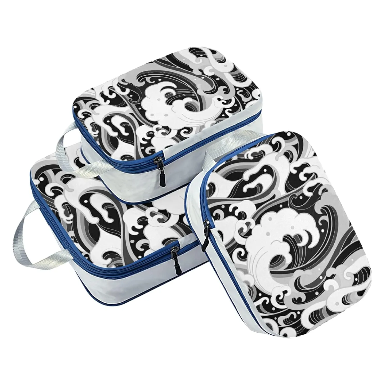 Japanese Traditional Oriental Black White Sea Waves, Foam, Splashes 3 Piece set Cubes Expandable Adjustable Luggage Packing Bags, Ultralight Organizer Accessories Travel Suitcase Compressible Bags