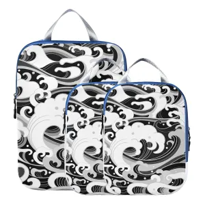 Japanese Traditional Oriental Black White Sea Waves, Foam, Splashes 3 Piece set Cubes Expandable Adjustable Luggage Packing Bags, Ultralight Organizer Accessories Travel Suitcase Compressible Bags