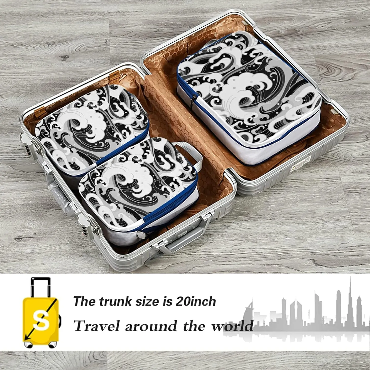 Japanese Traditional Oriental Black White Sea Waves, Foam, Splashes 3 Piece set Cubes Expandable Adjustable Luggage Packing Bags, Ultralight Organizer Accessories Travel Suitcase Compressible Bags