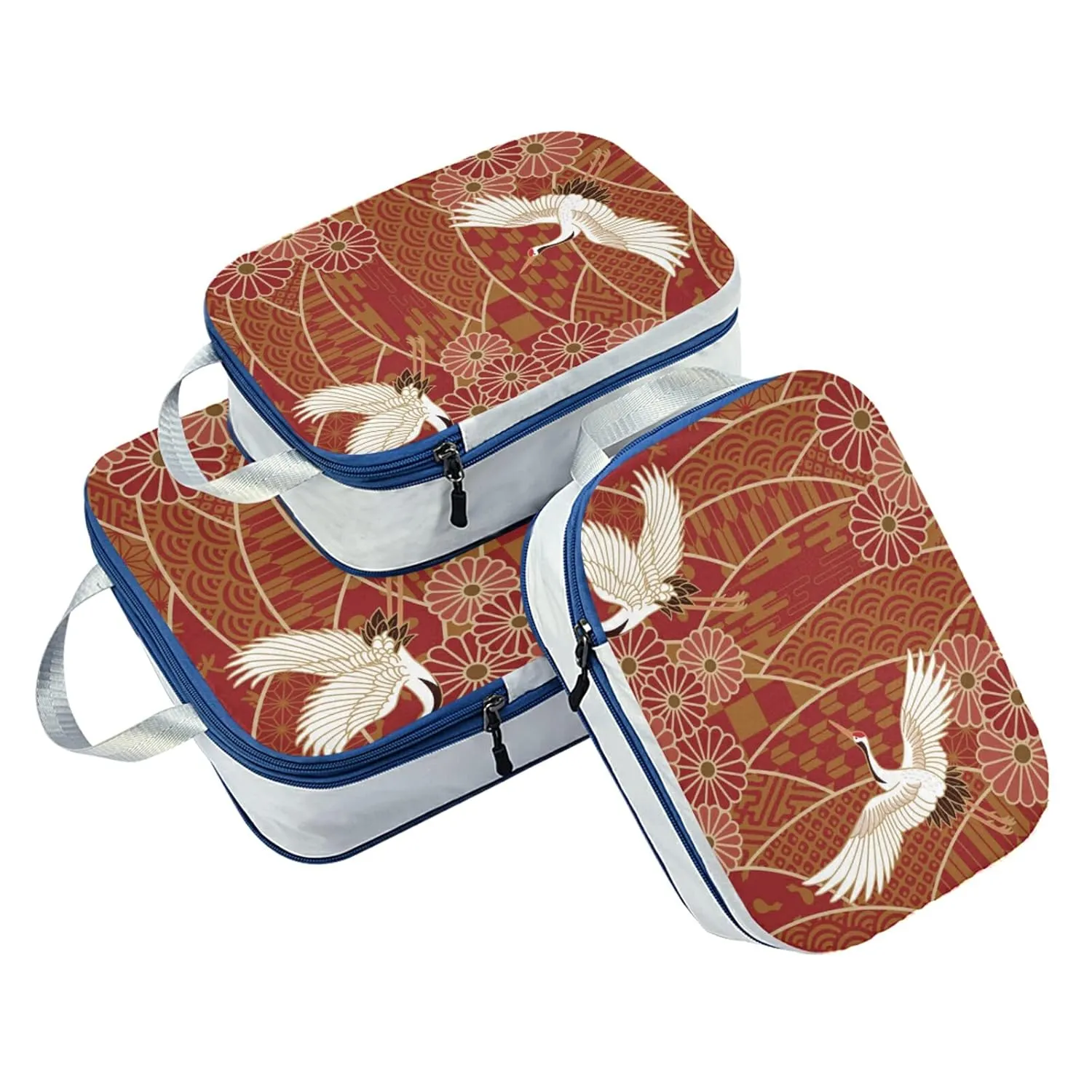 Japanese Traditional Waves Two White Cranes Chrysanthemum Flowers 3 Piece set Cubes Expandable Adjustable Luggage Packing Bags, Ultralight Organizer Accessories Travel Suitcase Compressible Bags