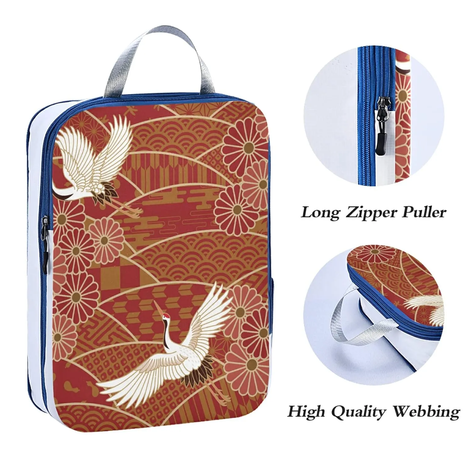 Japanese Traditional Waves Two White Cranes Chrysanthemum Flowers 3 Piece set Cubes Expandable Adjustable Luggage Packing Bags, Ultralight Organizer Accessories Travel Suitcase Compressible Bags