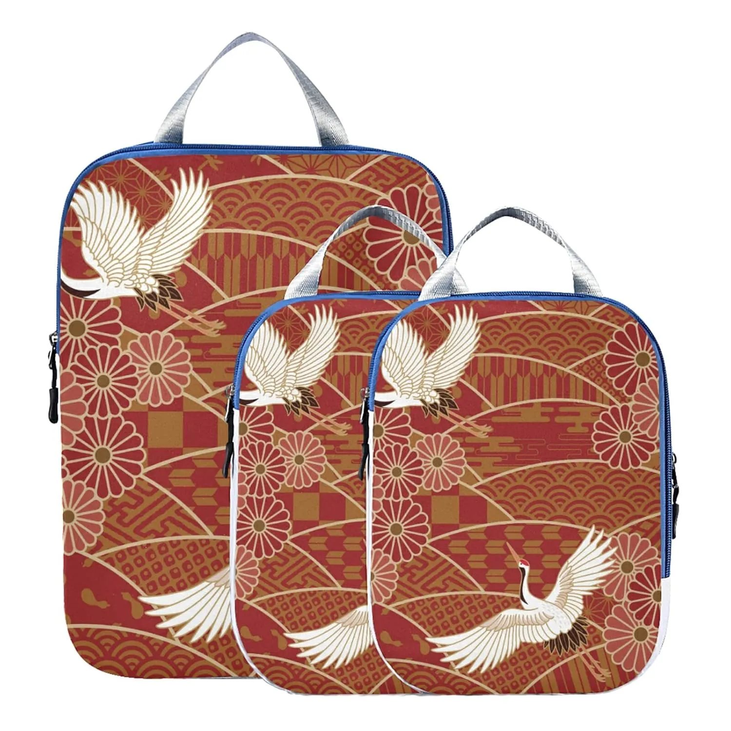 Japanese Traditional Waves Two White Cranes Chrysanthemum Flowers 3 Piece set Cubes Expandable Adjustable Luggage Packing Bags, Ultralight Organizer Accessories Travel Suitcase Compressible Bags
