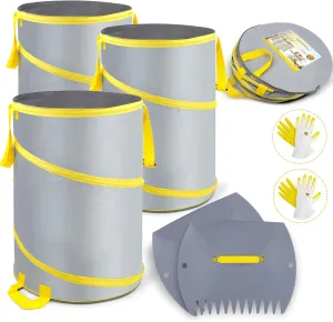 Jardineer 6Pcs Collapsible Garden Bags Set, 3-Pack 30 Gallon Reusable Leaf Bags, Leaf Scoop, 2 Pair Garden Gloves - Pop Up Trash Can Yard Waste Bag Container for Camping
