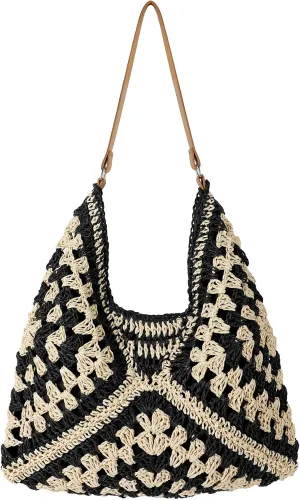JASGOOD Straw Beach Bag for Women Handmade Woven Beach Bag Summer Shoulder Handbags for Vacation