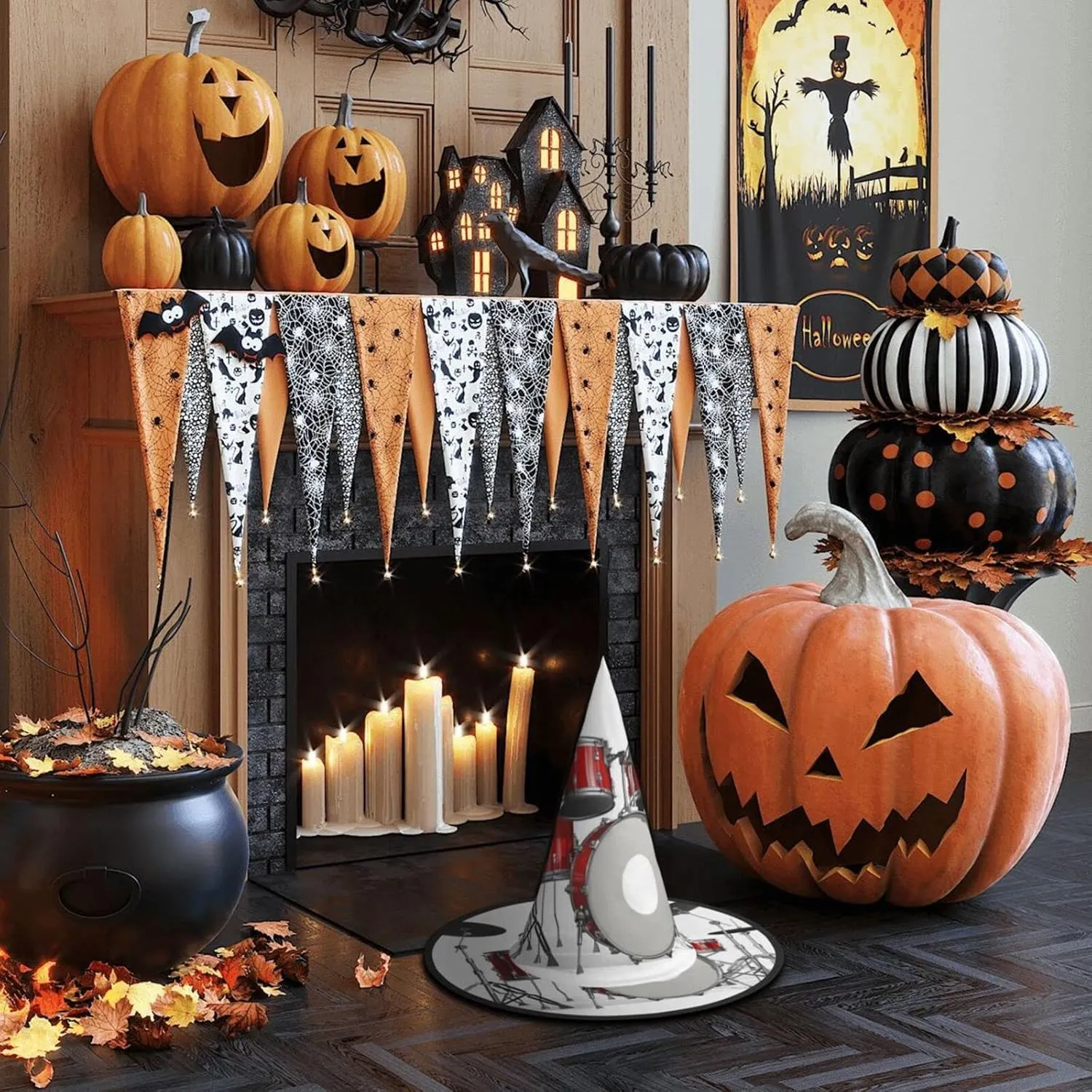 Jbyjbxcool Drum Set Print Carnival Halloween Witch Hat Themed Parties Hat Cosplay Masquerade Holiday Decor