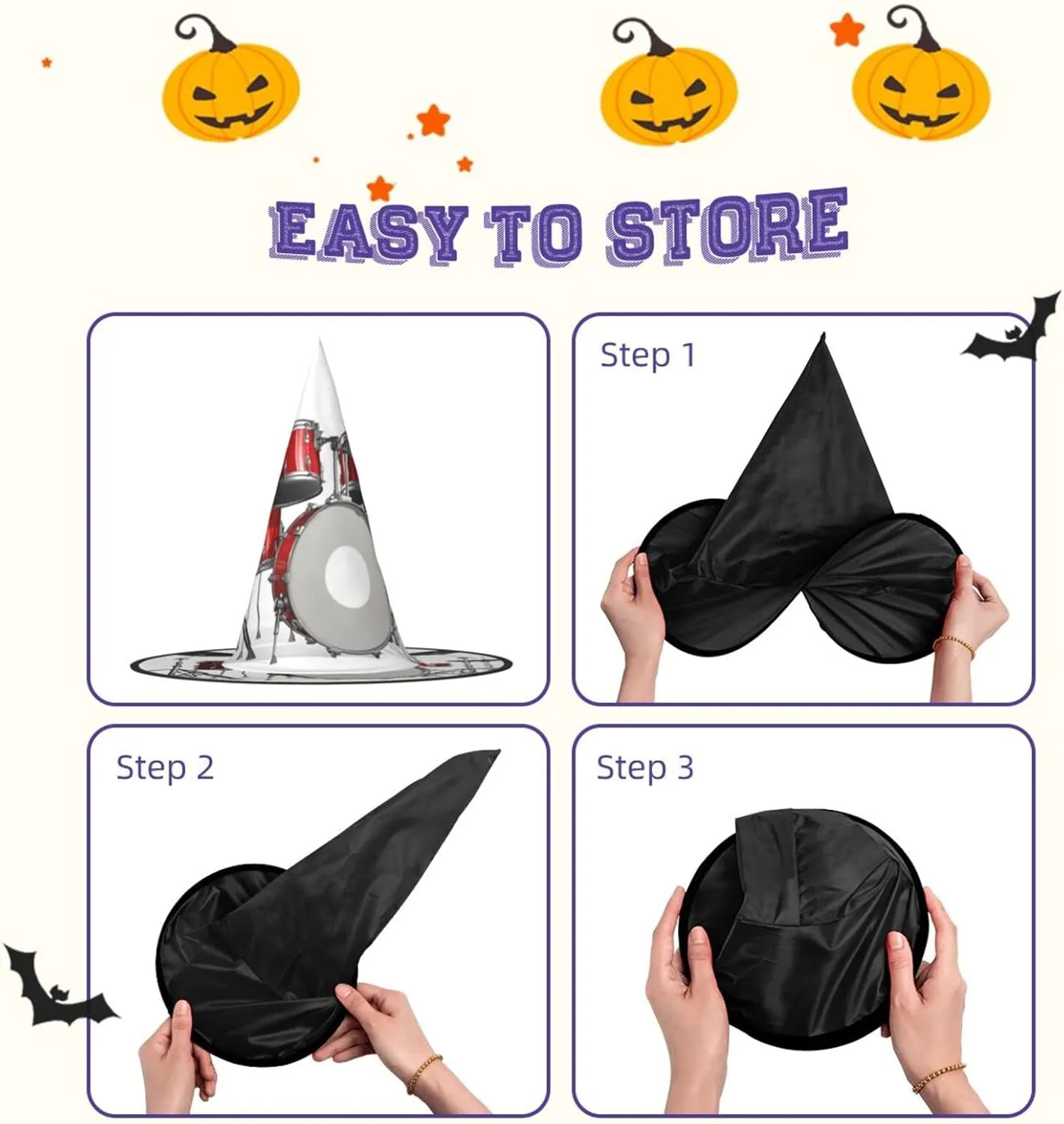 Jbyjbxcool Drum Set Print Carnival Halloween Witch Hat Themed Parties Hat Cosplay Masquerade Holiday Decor