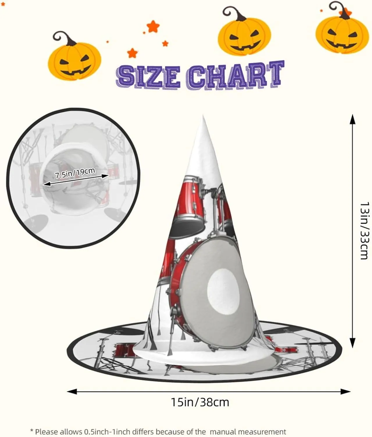Jbyjbxcool Drum Set Print Carnival Halloween Witch Hat Themed Parties Hat Cosplay Masquerade Holiday Decor