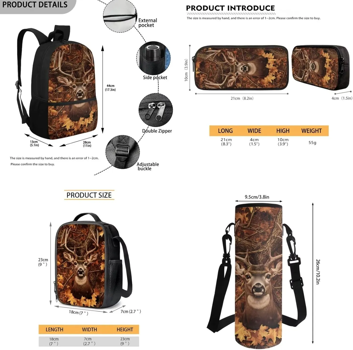 JEOCODY Kids Bookbag Camo Hunting Deer Backpack and Lunch Box Set, Boys School Bag Water Bottle Holder and Pencil Pouch Girls Daypack Back to School Accessories