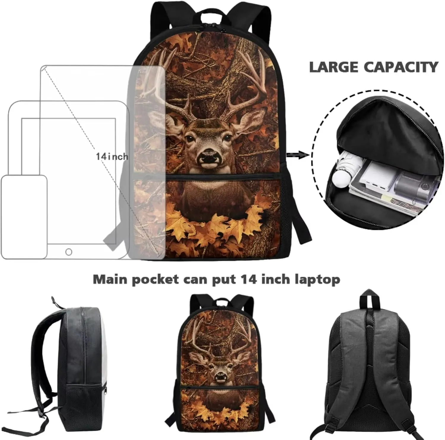 JEOCODY Kids Bookbag Camo Hunting Deer Backpack and Lunch Box Set, Boys School Bag Water Bottle Holder and Pencil Pouch Girls Daypack Back to School Accessories
