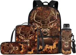 JEOCODY Kids Bookbag Camo Hunting Deer Backpack and Lunch Box Set, Boys School Bag Water Bottle Holder and Pencil Pouch Girls Daypack Back to School Accessories