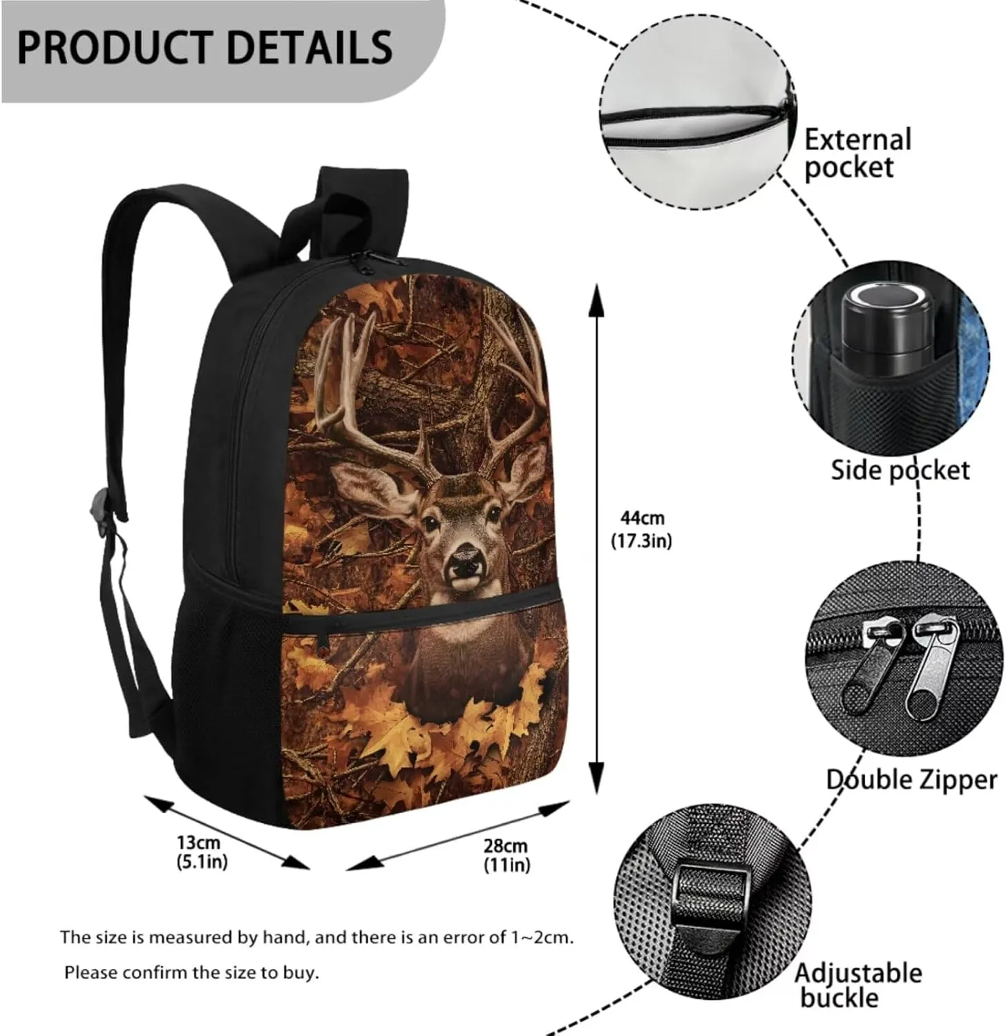 JEOCODY Kids Bookbag Camo Hunting Deer Backpack and Lunch Box Set, Boys School Bag Water Bottle Holder and Pencil Pouch Girls Daypack Back to School Accessories