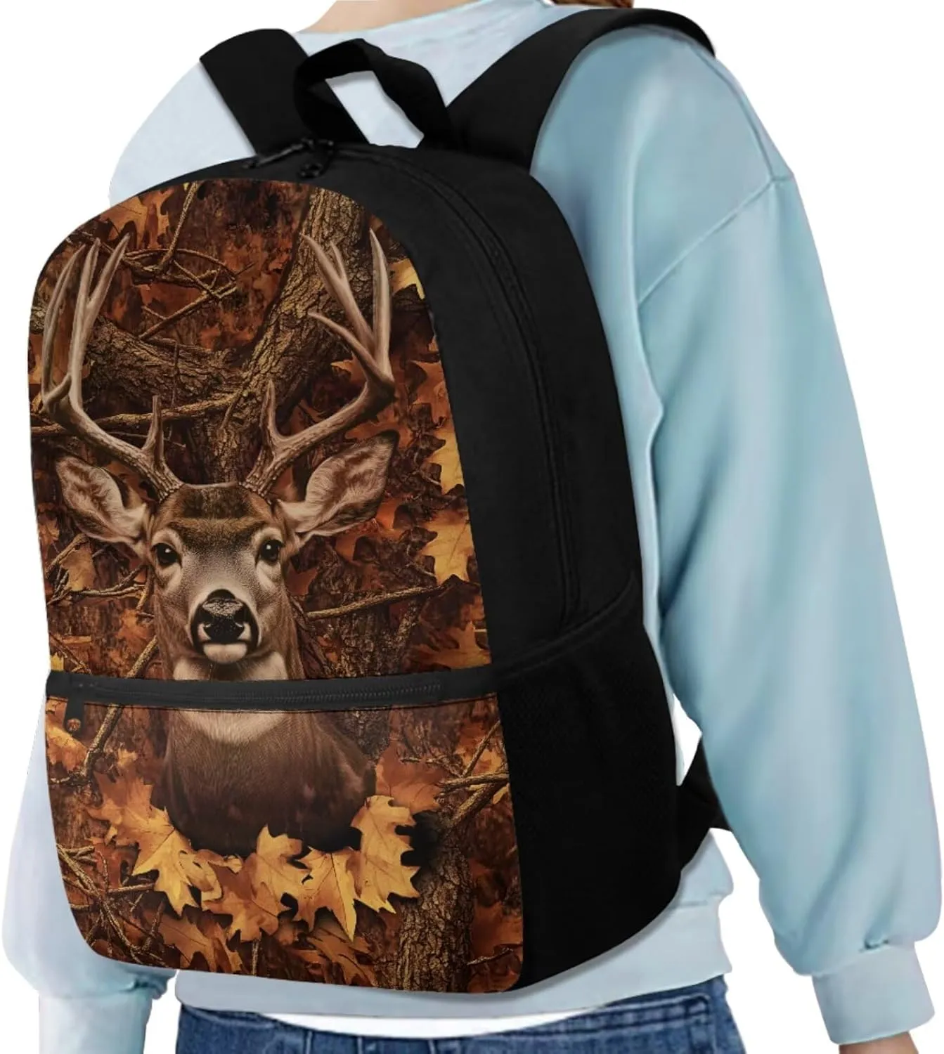 JEOCODY Kids Bookbag Camo Hunting Deer Backpack and Lunch Box Set, Boys School Bag Water Bottle Holder and Pencil Pouch Girls Daypack Back to School Accessories