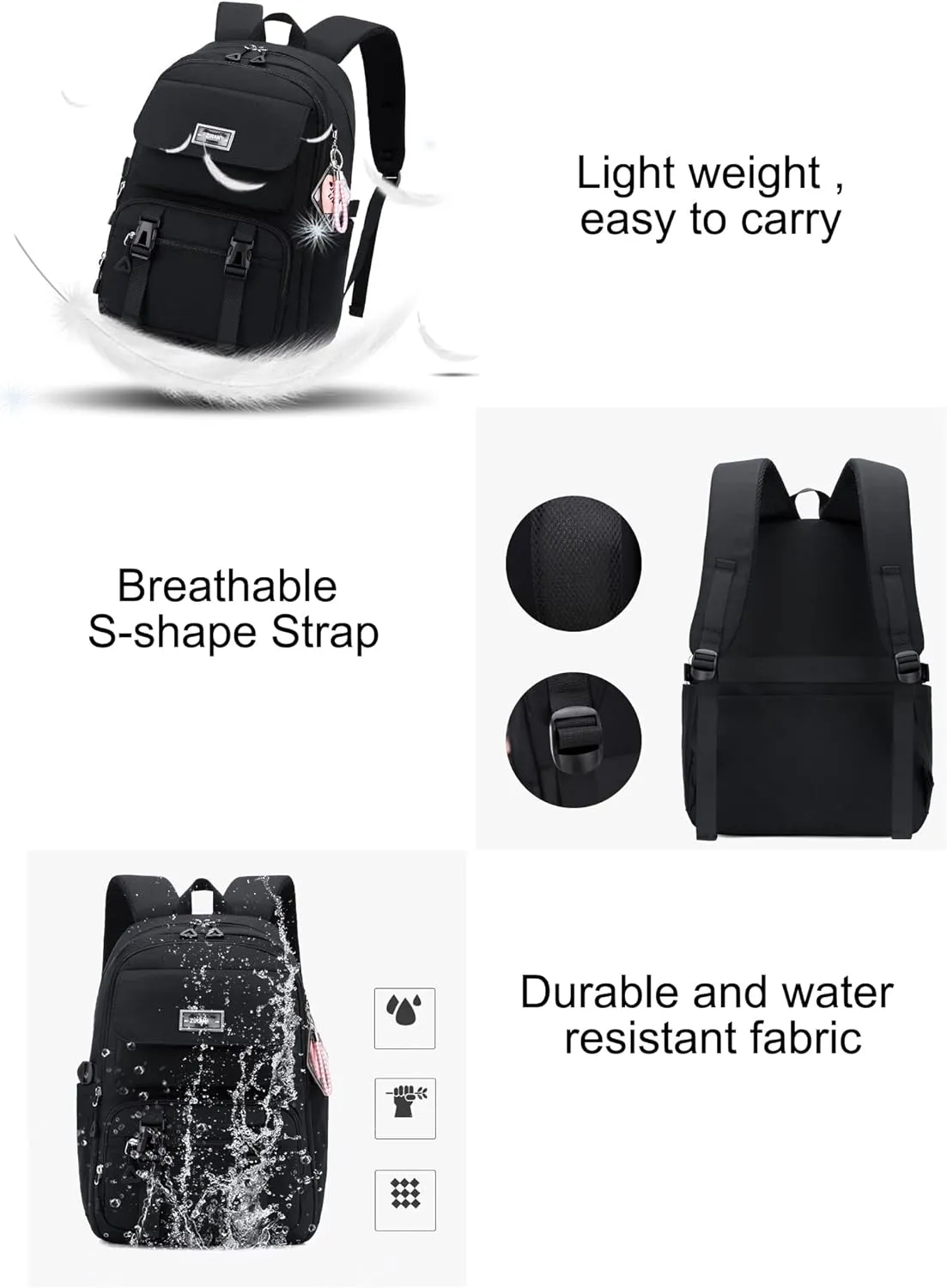 JiaYou Teen Girls Casual Backpack High Middle School Daypack Women Daily Travel Laptop Bag (2# Black, 26 Liters)