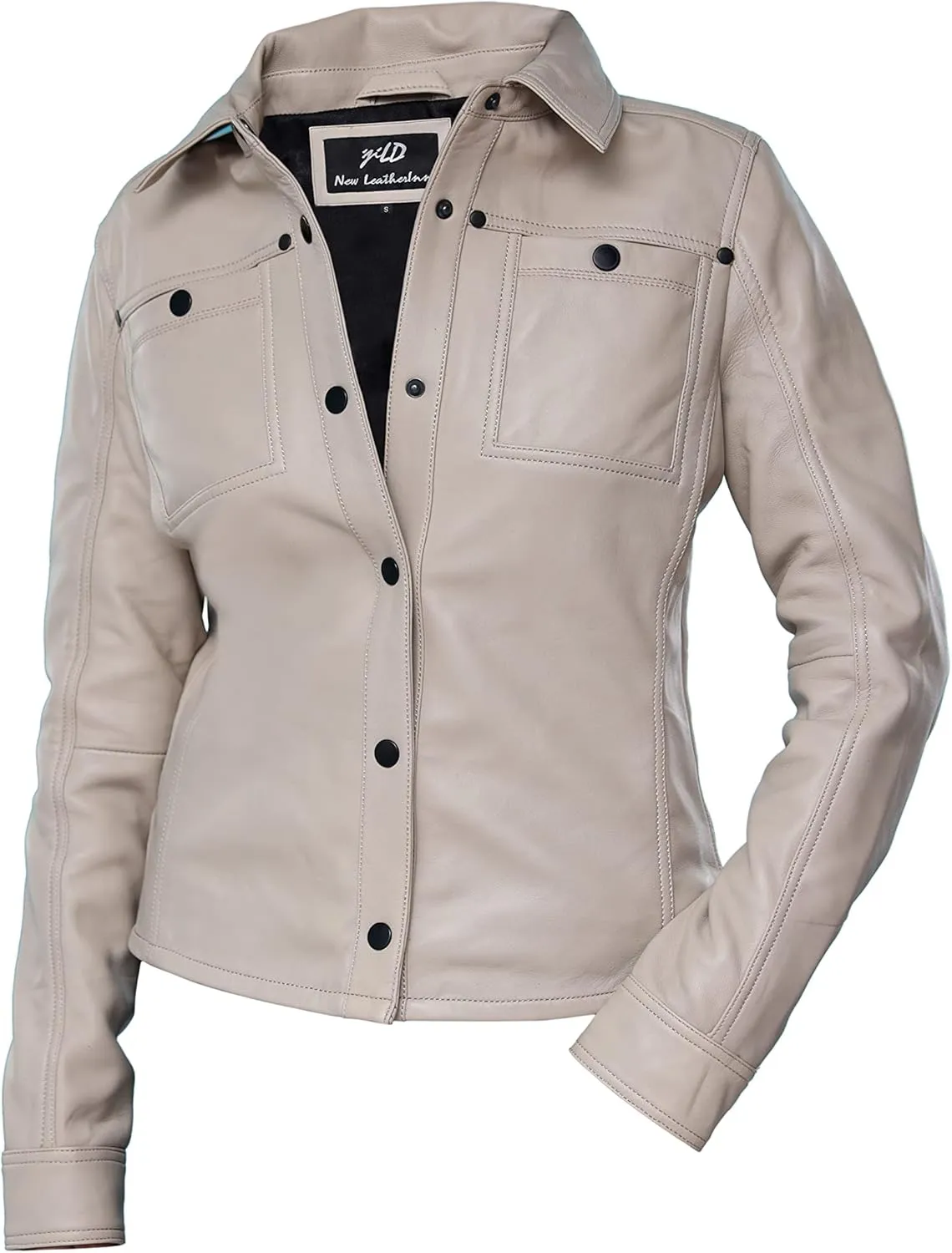Jild Womens Button Front Lambskin Leather Jacket Shacket - Casual Shirt Long Sleeve Leather Jacket Women with Bust Pocket