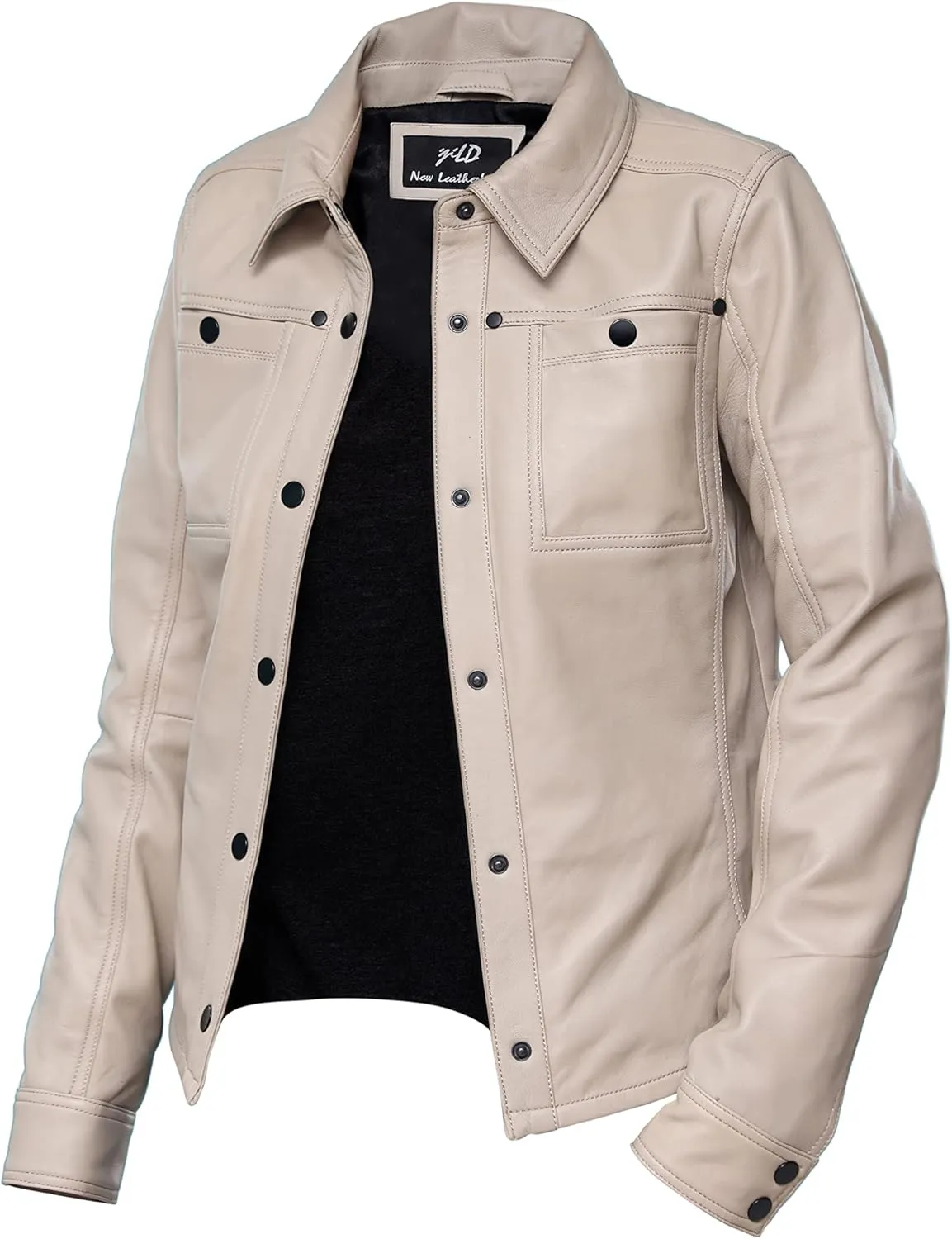Jild Womens Button Front Lambskin Leather Jacket Shacket - Casual Shirt Long Sleeve Leather Jacket Women with Bust Pocket