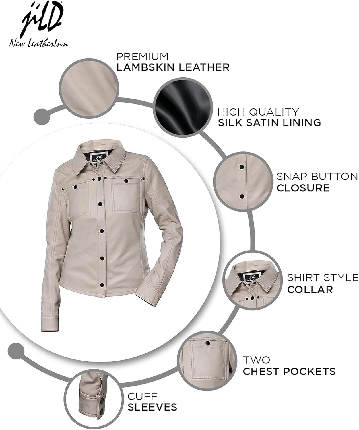 Jild Womens Button Front Lambskin Leather Jacket Shacket - Casual Shirt Long Sleeve Leather Jacket Women with Bust Pocket