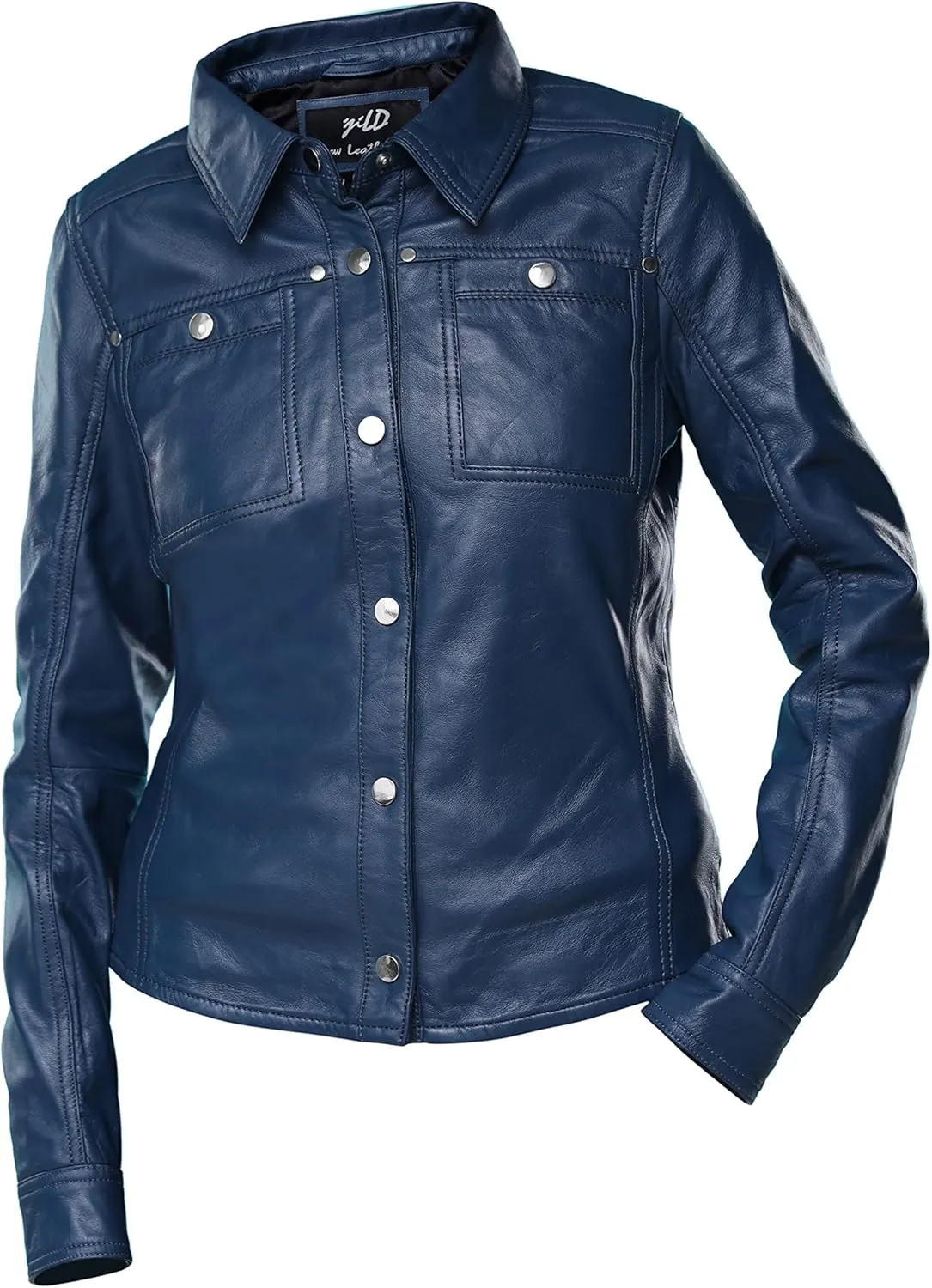 Jild Womens Button Front Lambskin Leather Jacket Shacket - Casual Shirt Long Sleeve Leather Jacket Women with Bust Pocket