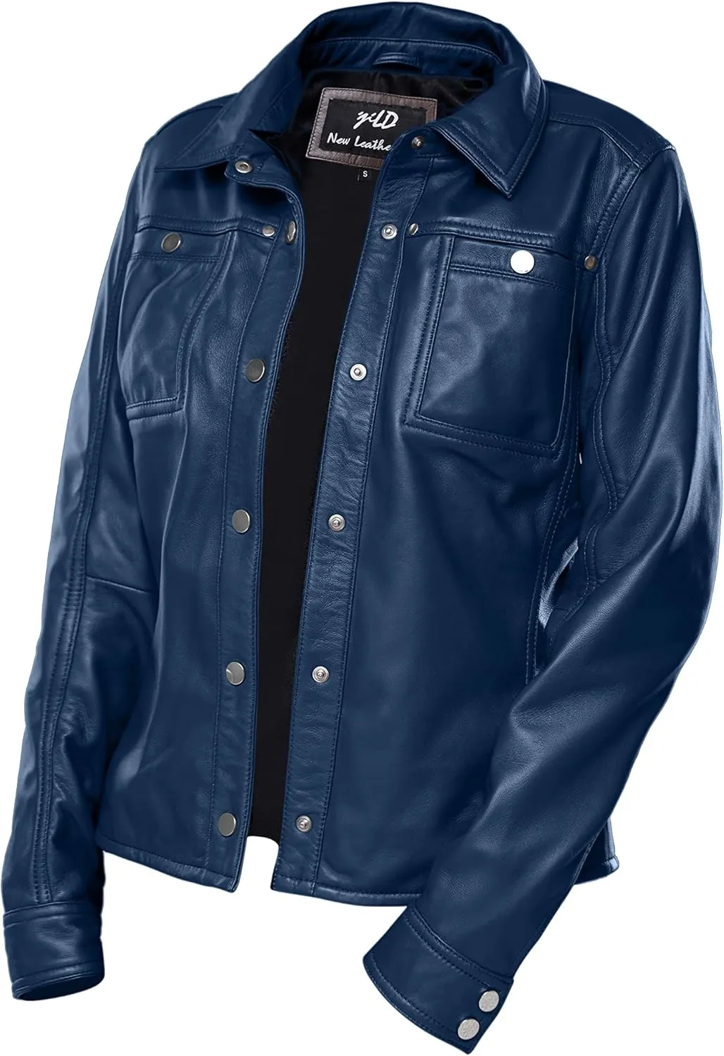Jild Womens Button Front Lambskin Leather Jacket Shacket - Casual Shirt Long Sleeve Leather Jacket Women with Bust Pocket