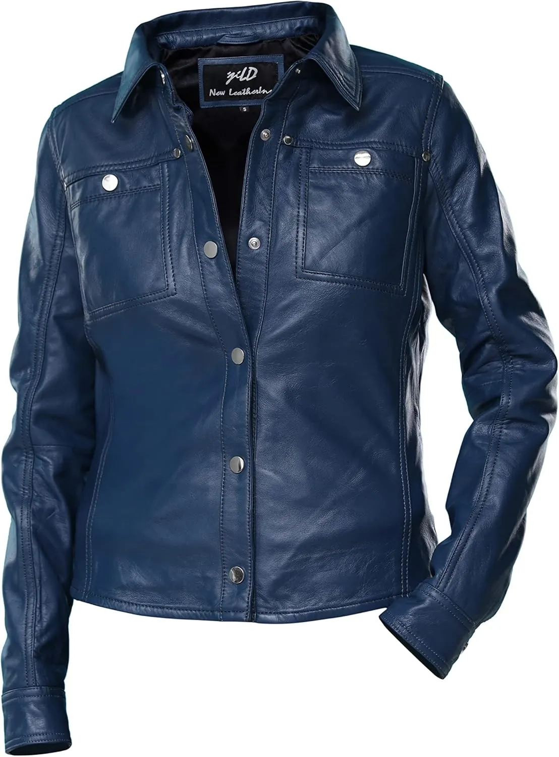 Jild Womens Button Front Lambskin Leather Jacket Shacket - Casual Shirt Long Sleeve Leather Jacket Women with Bust Pocket