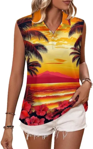 JooMeryer Women's Moisture Wicking Golf Shirt Hawaiian Surfing Flower Printed Sleeveless Athletic Shirts