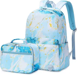 Joyfulife Girls Backpack with Lunch Box Lightweight Marble Backpack for School Primary Elementary Bookbags Set
