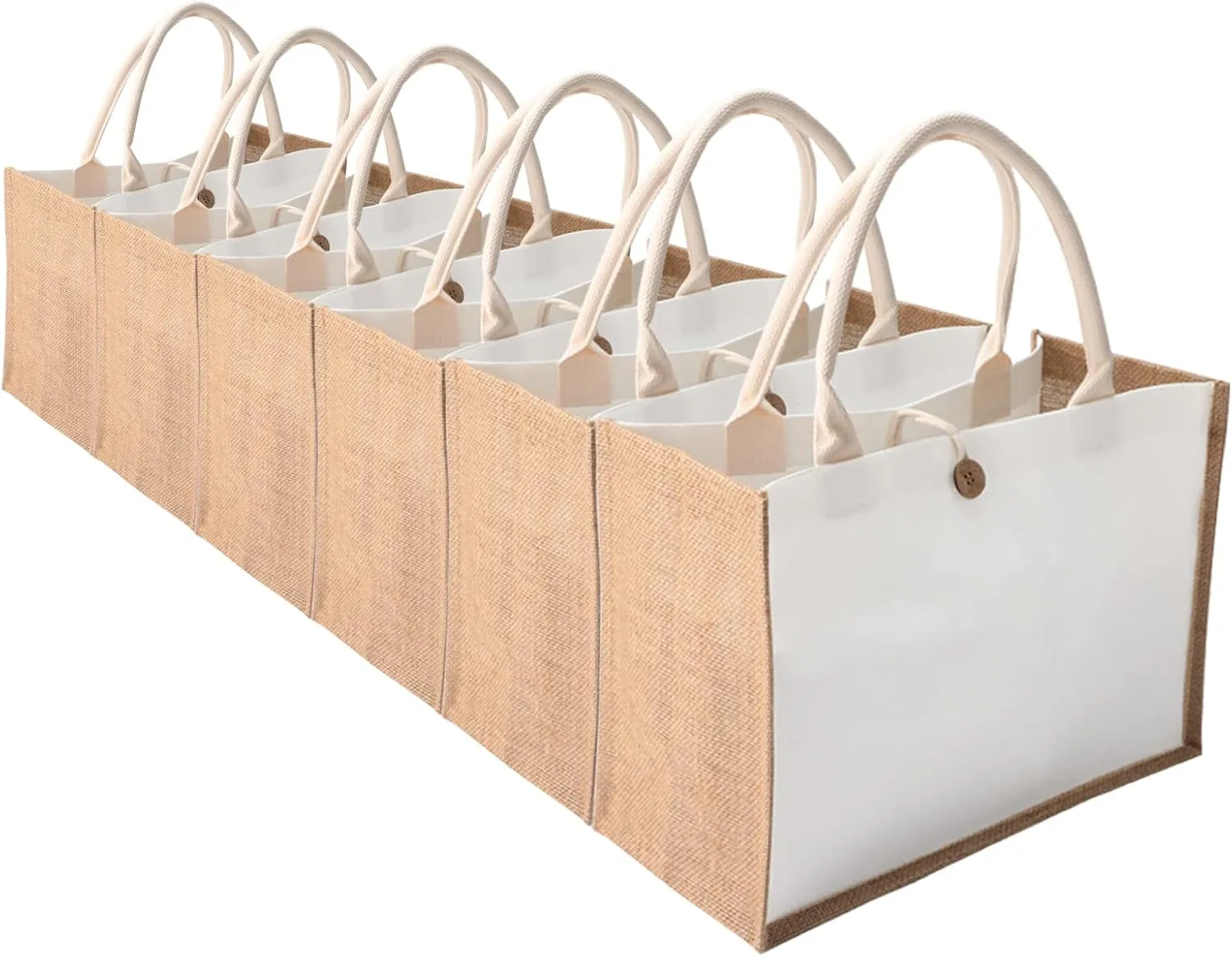 Jute tote bags with handles MEIANJUN Set of 6 Burlap Tote Bags Button Travel with Handle Grocery Bag Bridesmaid Bags Tote Bag for Beach wedding Shopping travel Arts and Crafts DIY 14.5*10.7*6.5[6pcs]