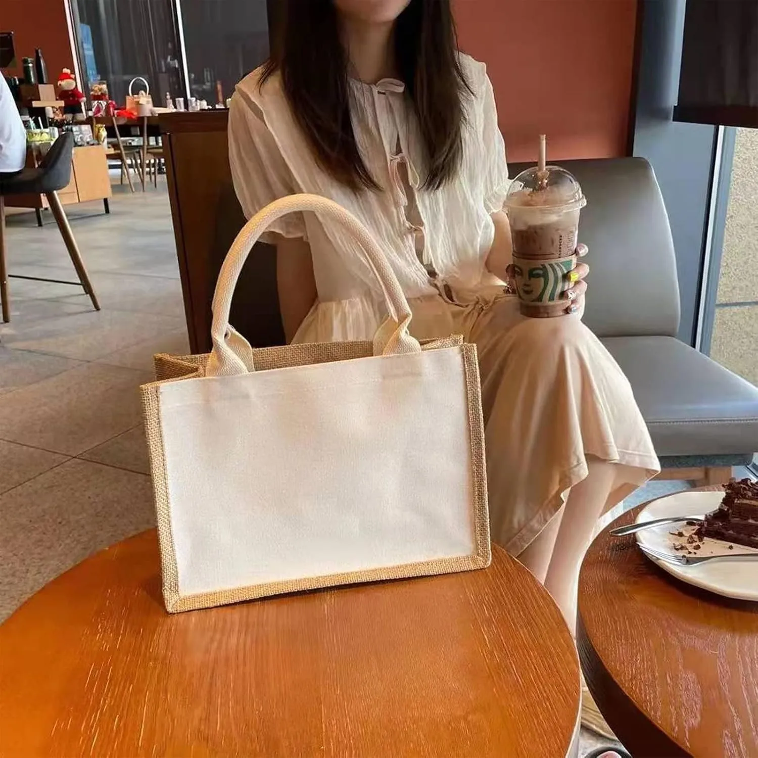 Jute tote bags with handles MEIANJUN Set of 6 Burlap Tote Bags Button Travel with Handle Grocery Bag Bridesmaid Bags Tote Bag for Beach wedding Shopping travel Arts and Crafts DIY 14.5*10.7*6.5[6pcs]