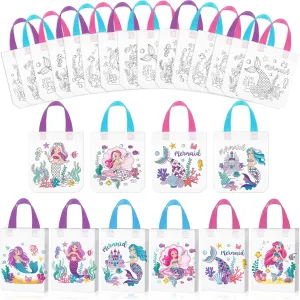Kajaia 24 Pcs Mermaid Coloring Bags Mermaid Goodie Colorable Tote Bag Reusable Coloring Gift Favor Ocean Non Woven Colorable Tote Craft for Under the Sea Birthday Party Favor(No Pen)