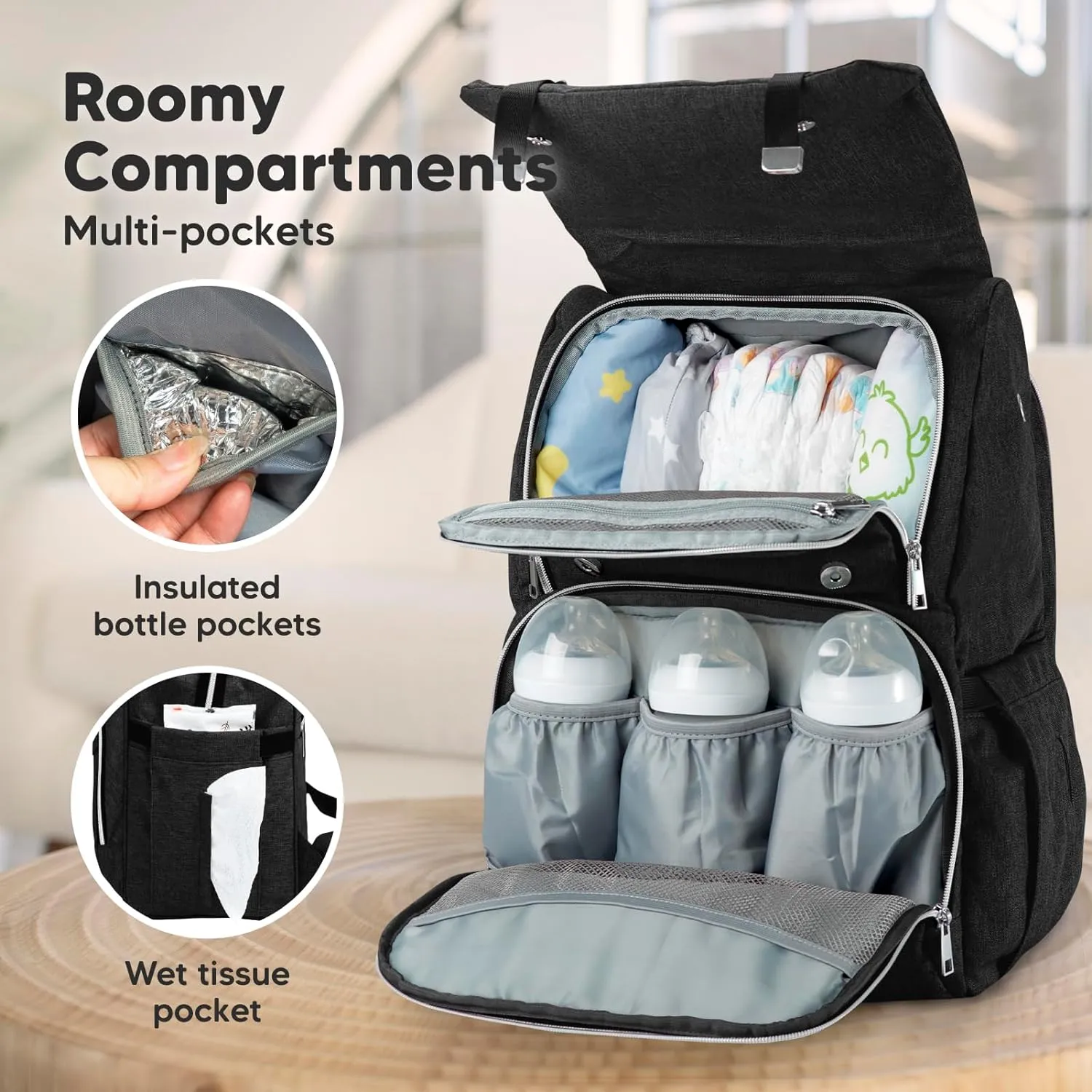 KeaBabies Baby Diaper Bag Backpack, Travel - Large Baby Bag for Mom and Dad, Waterproof, Multi-Function Girl Boy Diaper Backpack with Changing Pad, Durable Travel Essentials (Trendy Black)