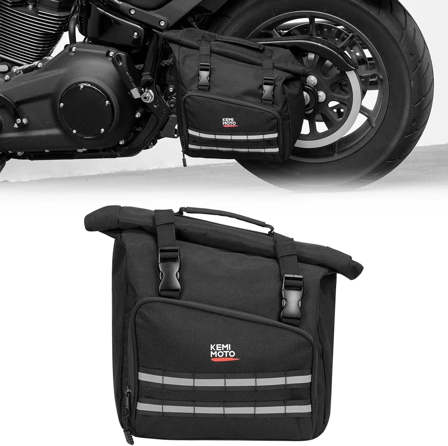 KEMIMOTO Swingarm Bag Foldable Expandable 16L Large Capacity with Quick Install Straps Motorcycle Swing Arm Side Bag Waterproof Universal Compatible with Softtail Sportster Street Bob Rebel