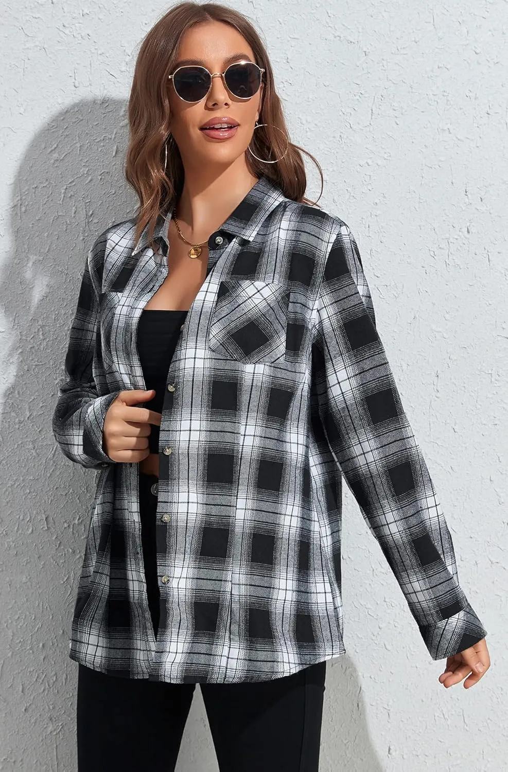 KevaMolly Plaid Flannel Shirts for Women Loose Fit Boyfriend Button Down Shirt Long Sleeve Casual Flannel Blouse Tops