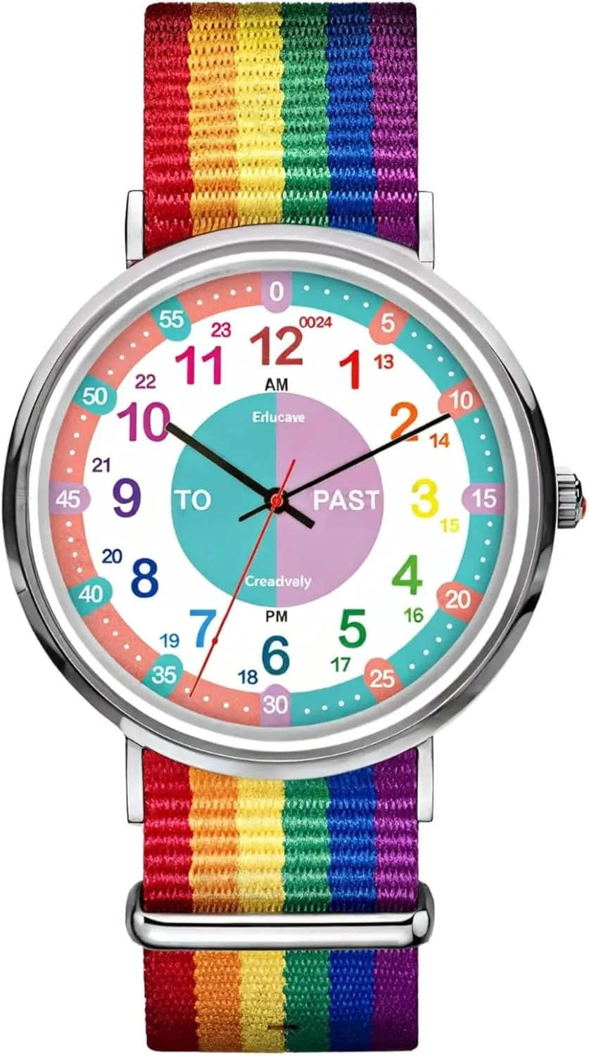 Kids Analog Watch with Rainbow Strap, Color-Coded Hour Numbers for Easy Time Recognition